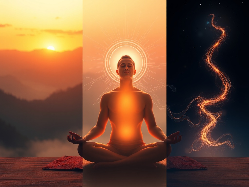 Three-panel scene "morning","midday","evening"; a man meditating in warm dawn light, then connected with flowing breath, then energized at night; serene, dynamic kundalini aura.