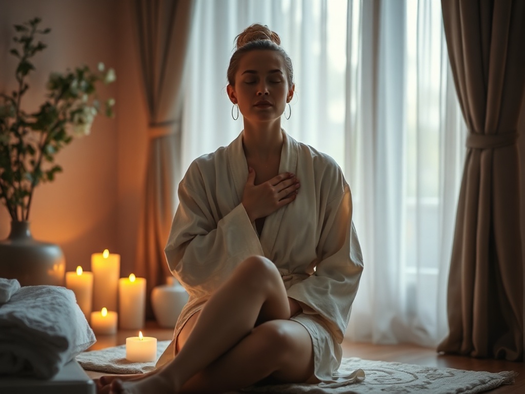 "Soft candlelike warm light, a calm woman seated in flowing robe, gentle hand on heart, relaxed breathing, serene indoor spa atmosphere, tasteful drapery"