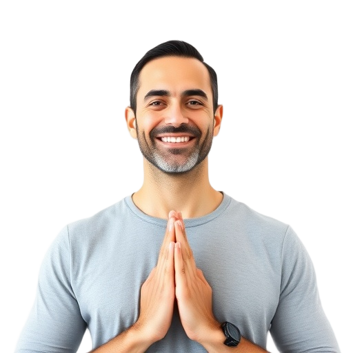 A smiling man practicing kundalini yoga, calm confident eyes, subtle energy glow around chest, hands in namaste, white background, soft morning light.