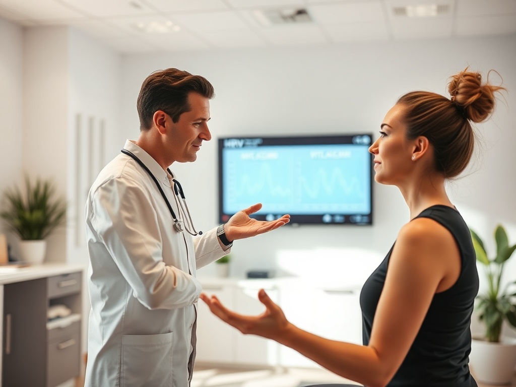 "A confident clinician guiding a client through breathwork and posture cues in a bright, modern clinic; subtle HRV graphs on screen; warm light, calm atmosphere, dynamic movement, focus on vitality."
