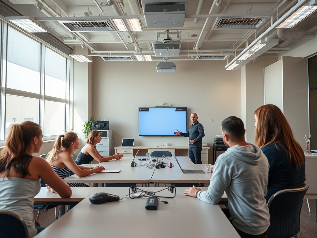 "A dynamic classroom studio with serene lighting, energetic coaches learning, hands-on physiology equipment, and a mentor guiding a group, subtle focus on HRV screens."