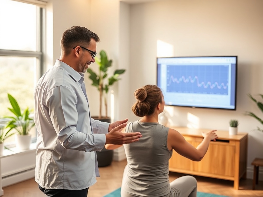 "A confident clinician guiding a client through breathwork and posture cues in a bright, modern clinic; subtle HRV graphs on screen; warm light, calm atmosphere, dynamic movement, focus on vitality."
