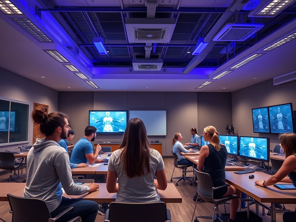 "A dynamic classroom studio with serene lighting, energetic coaches learning, hands-on physiology equipment, and a mentor guiding a group, subtle focus on HRV screens."