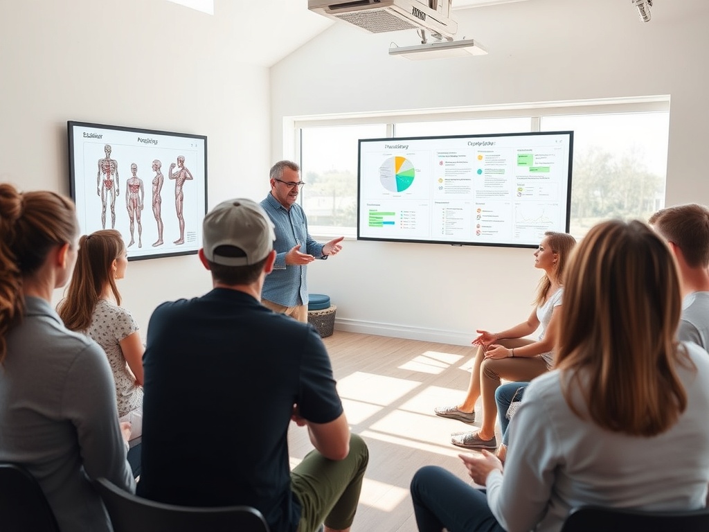 "A seasoned trainer in a sunlit studio guiding a circle of diverse coaches, energetic physiology charts on screen, hands-on demo, calm supervision, vibrant vitality."