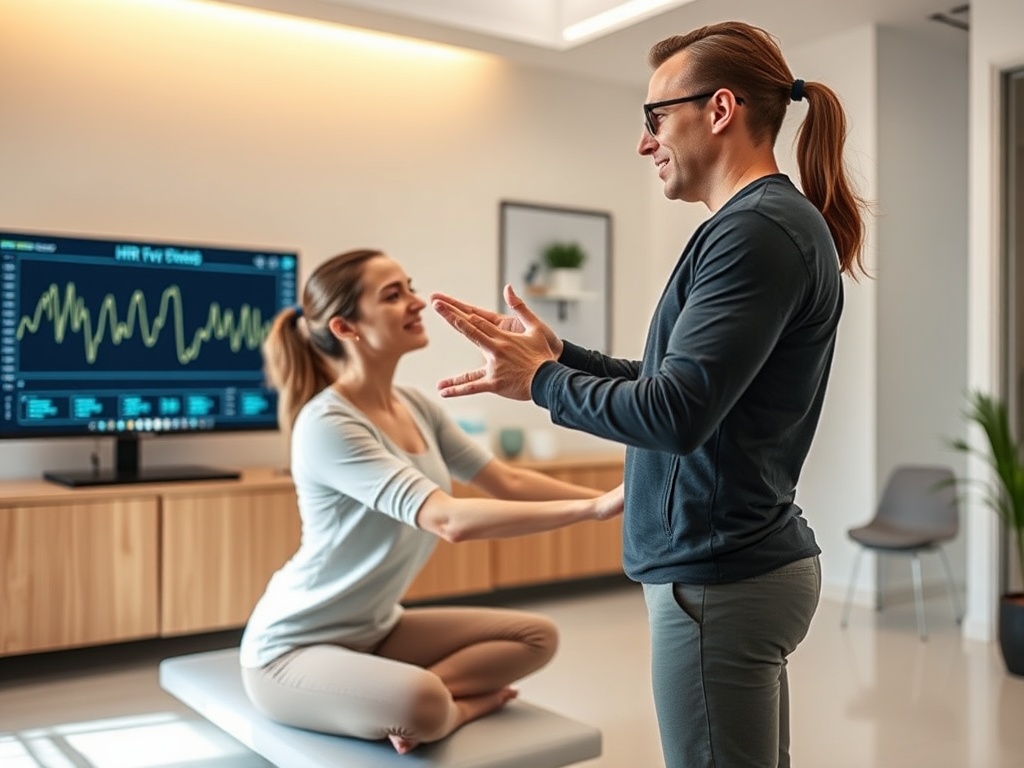 "A confident clinician guiding a client through breathwork and posture cues in a bright, modern clinic; subtle HRV graphs on screen; warm light, calm atmosphere, dynamic movement, focus on vitality."