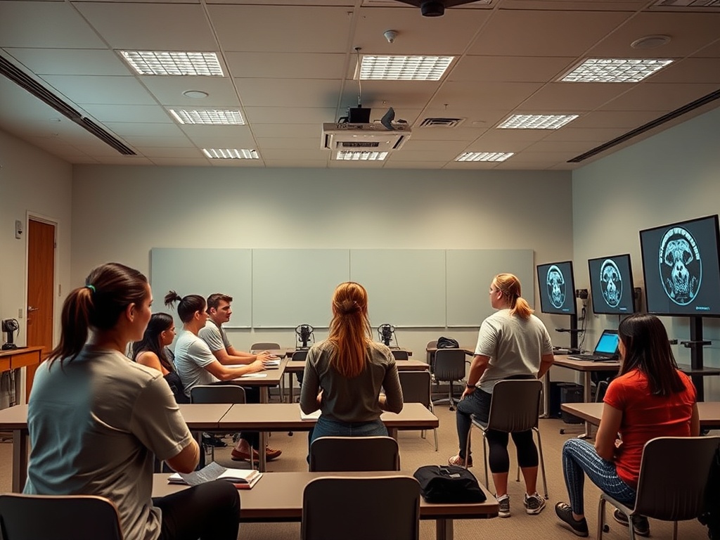 "A dynamic classroom studio with serene lighting, energetic coaches learning, hands-on physiology equipment, and a mentor guiding a group, subtle focus on HRV screens."