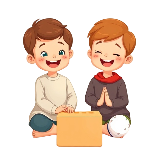 "joyful Tijmen and Pien children on a soft mat with a yoga block, gentle smile, warm colors, learning emotions through interactive playful poses"