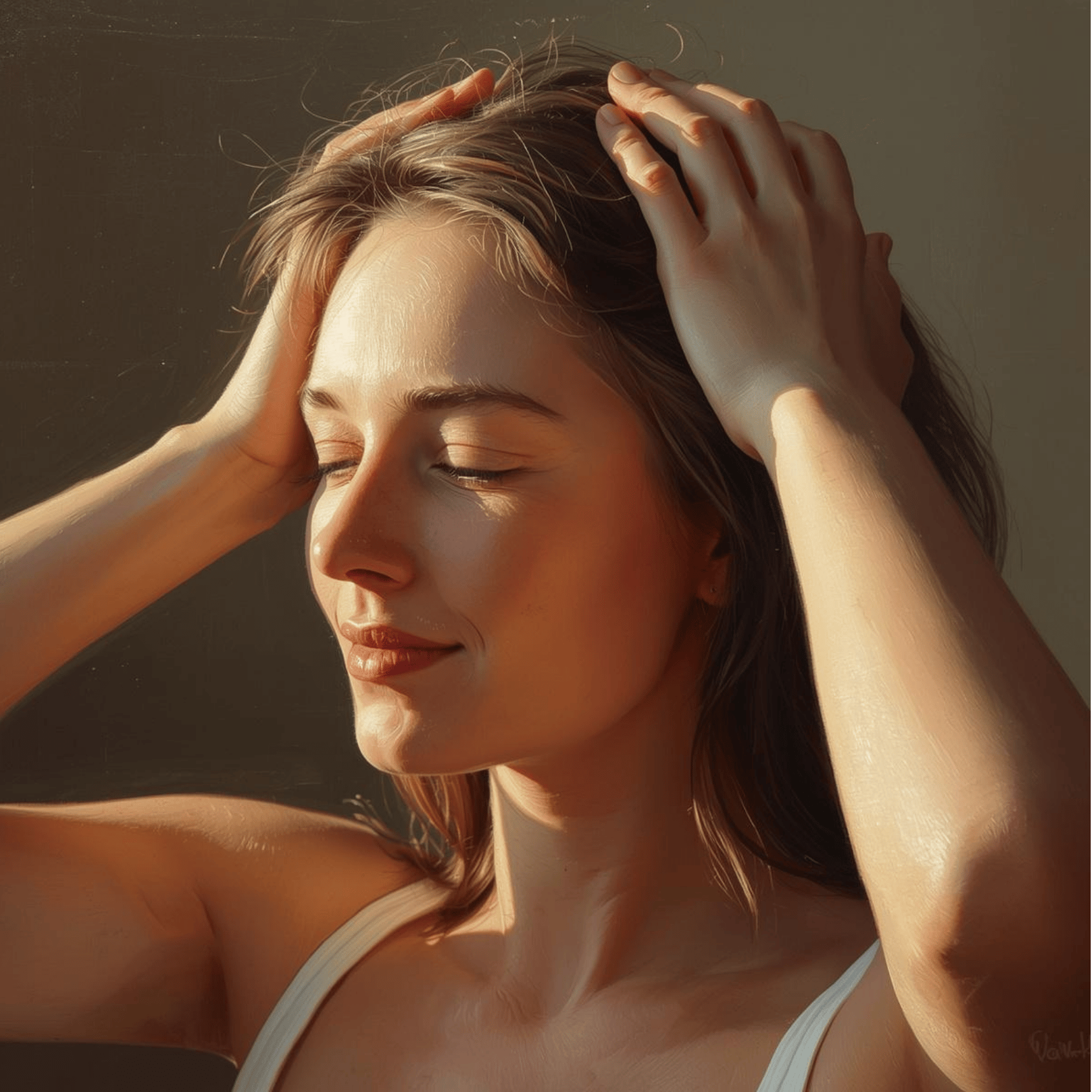 een vrouw die met haar handen zelf haar slapen massert en er kalm en ontspannen uitziet