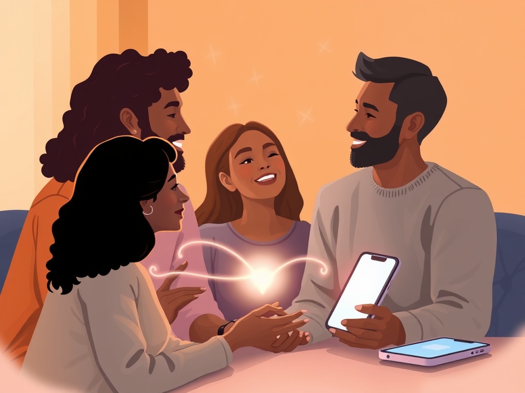 A warm, inviting scene of diverse people communicating softly, connected by a glowing thread of empathy, with serene colors and modern app icon nearby.