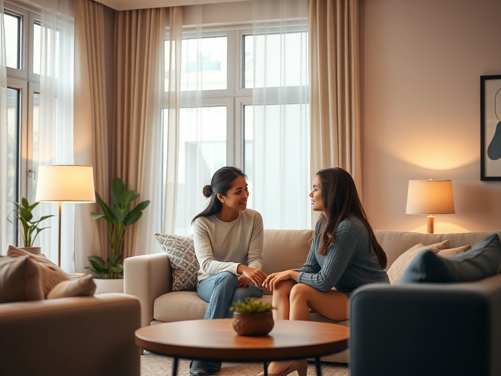 "A serene scene of a calm conversation between two people in a cozy, modern living room; warm lighting, soft colors, compassionate body language, eye contact, open posture."