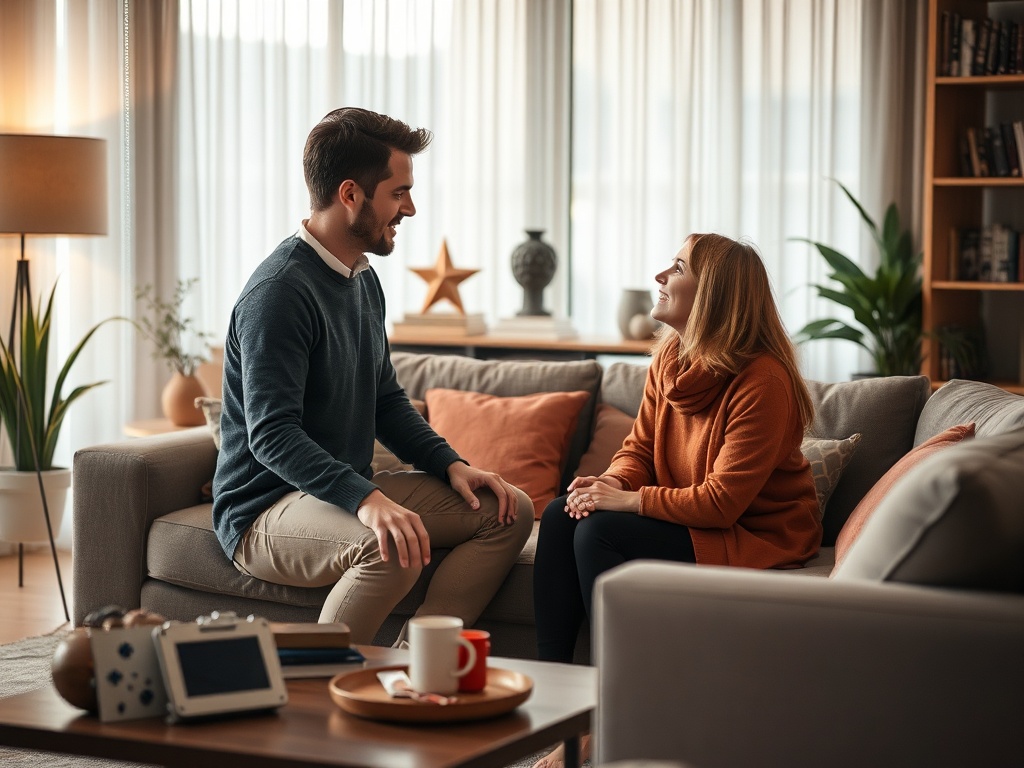 "A serene scene of a calm conversation between two people in a cozy, modern living room; warm lighting, soft colors, compassionate body language, eye contact, open posture."