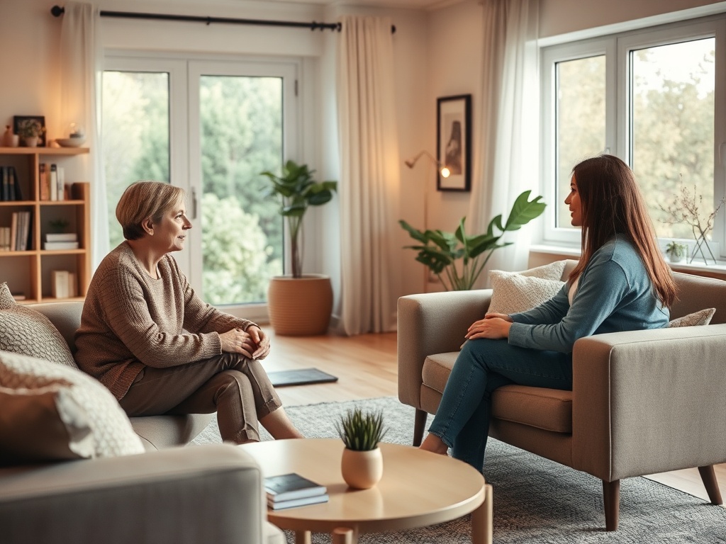 "A serene scene of a calm conversation between two people in a cozy, modern living room; warm lighting, soft colors, compassionate body language, eye contact, open posture."