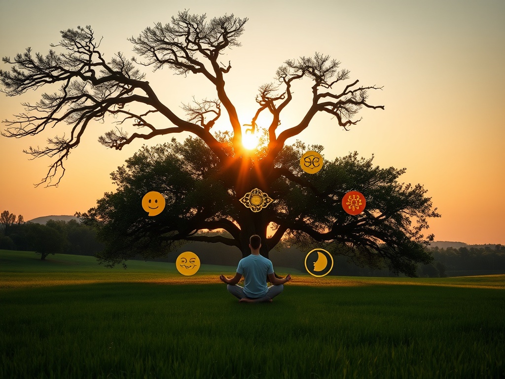 A serene holistic scene showing a person meditating beneath a tree at sunrise, surrounded by symbols of the five levels