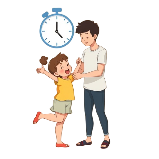 "playful parent and child doing simple reflex-integration scene" "smooth, warm colors" "simple shapes" "child balanced on one leg, arms out" "parent guiding gently" "clock indicating short routine" "breathing ball between them" "no brands, no logos" "outl
