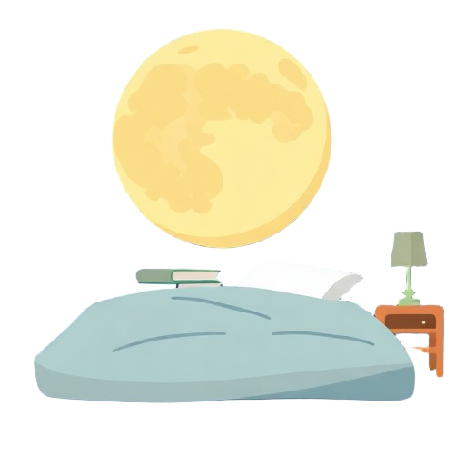 Carefully describe an image in great detail that needs to be generate, use quotes to split visual things. "moon bed" "three books" "sleep steps" "calm brain" "spark icons" "soft rhythm"