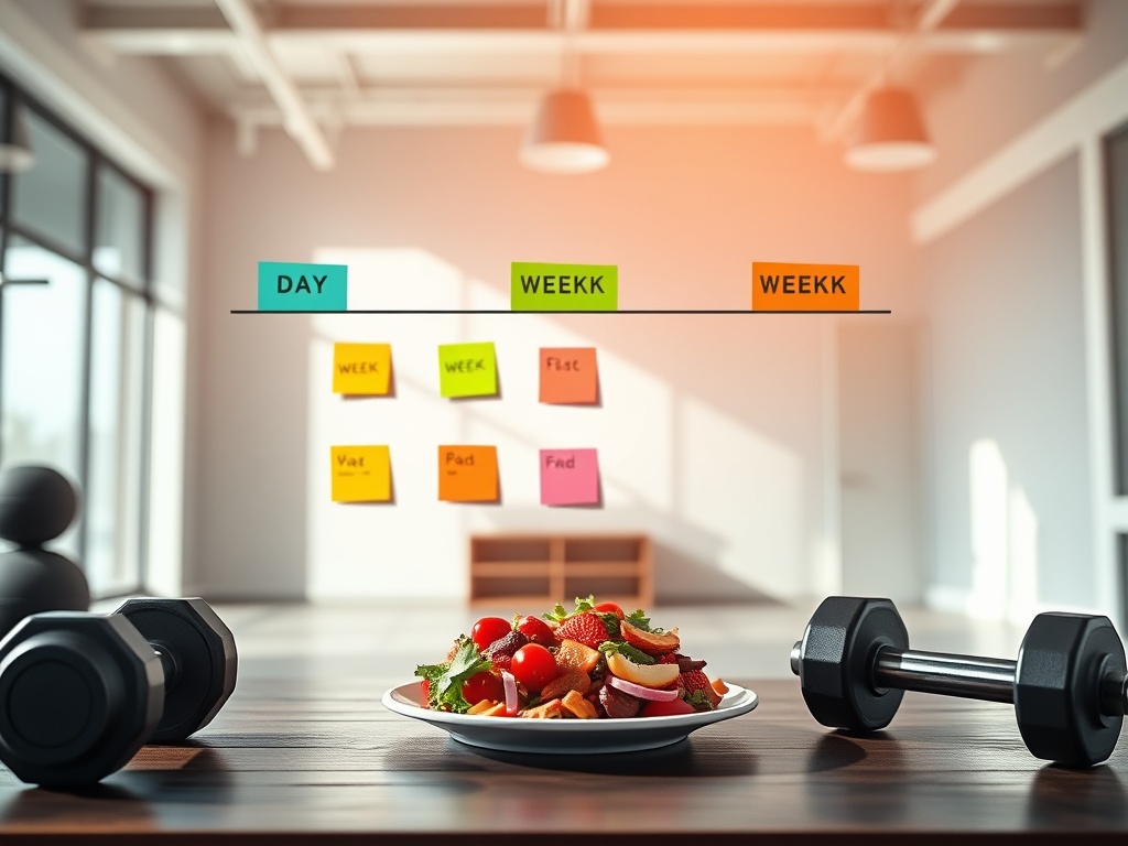 A bright fitness studio scene showing a weekly progression journey, “day” to “week” using color-coded sticky notes, a meal plate, dumbbells, and a calm progress chart glow, no numbers, no logos.