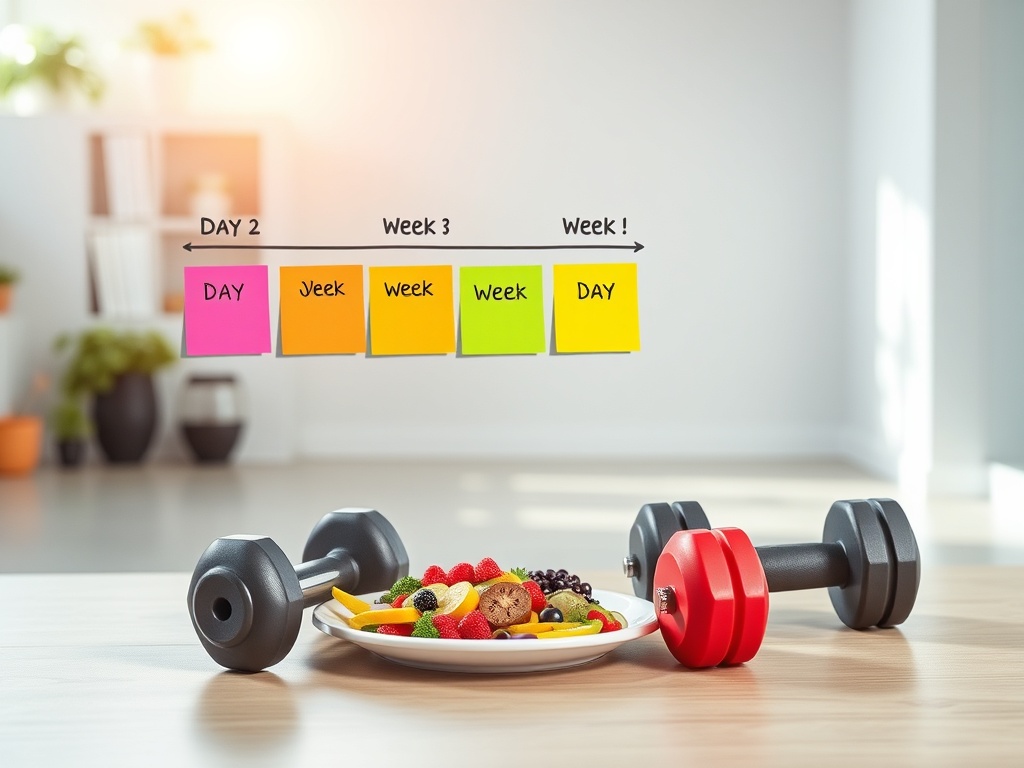 A bright fitness studio scene showing a weekly progression journey, “day” to “week” using color-coded sticky notes, a meal plate, dumbbells, and a calm progress chart glow, no numbers, no logos.