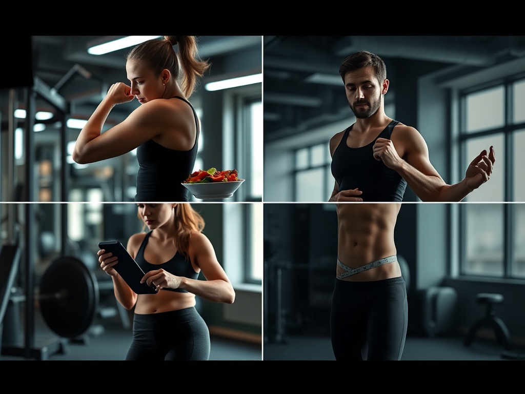 "A split-screen collage showing four fitness progress moments