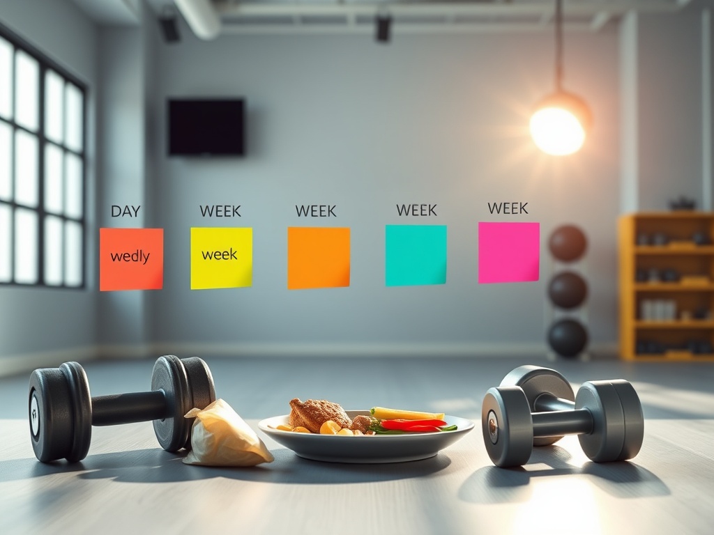 A bright fitness studio scene showing a weekly progression journey, “day” to “week” using color-coded sticky notes, a meal plate, dumbbells, and a calm progress chart glow, no numbers, no logos.