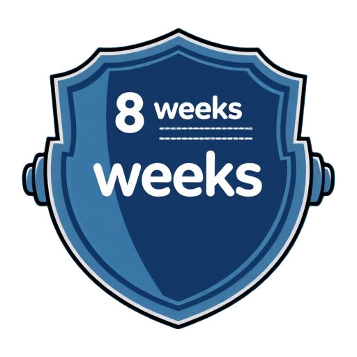 Carefully describe an image in great detail that needs to be generate, use quotes to split visual things. "8 weeks" "fit shield" "dumbbell" "nutrition chart"