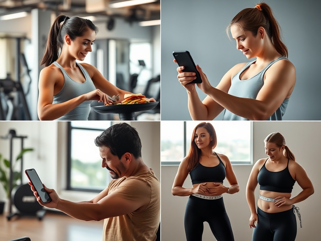 "A split-screen collage showing four fitness progress moments
