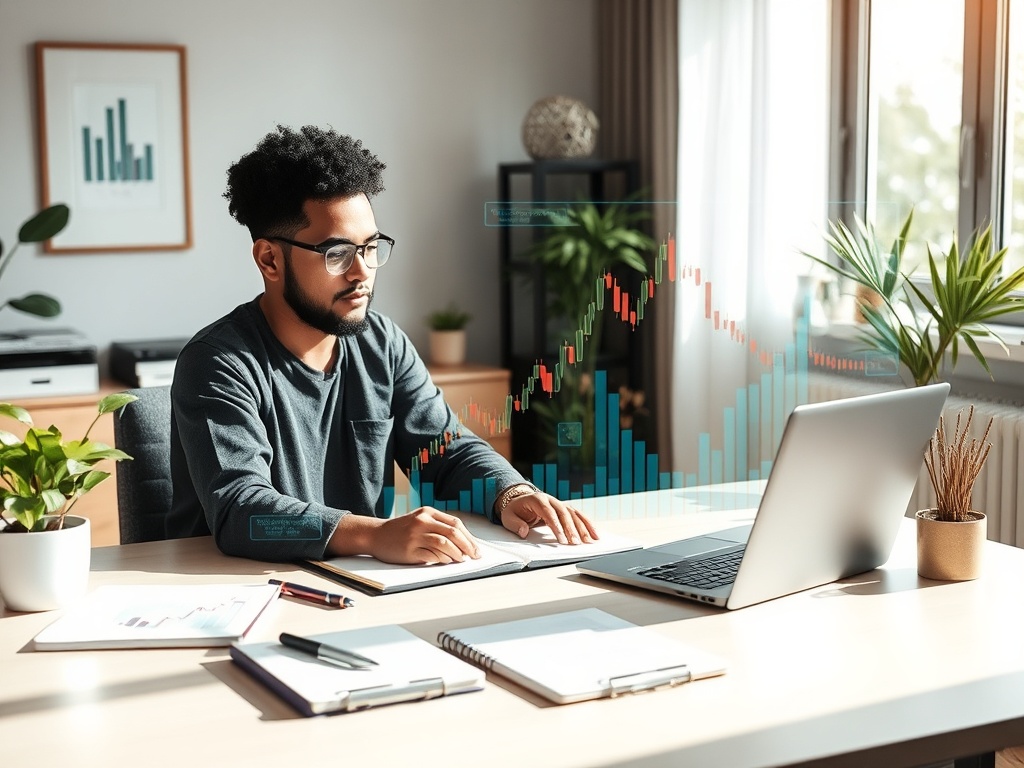 A calm, modern study room with a diverse person planning finances; holographic ETF charts, a laptop, notebooks, soft natural light, serene atmosphere.