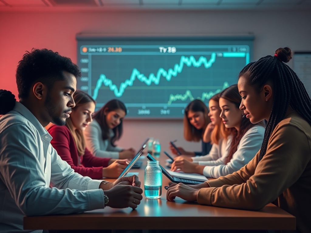 A serene classroom scene with a diverse group learning, digital tools glowing, calm colors, subtle ETF charts in the background, no logos.