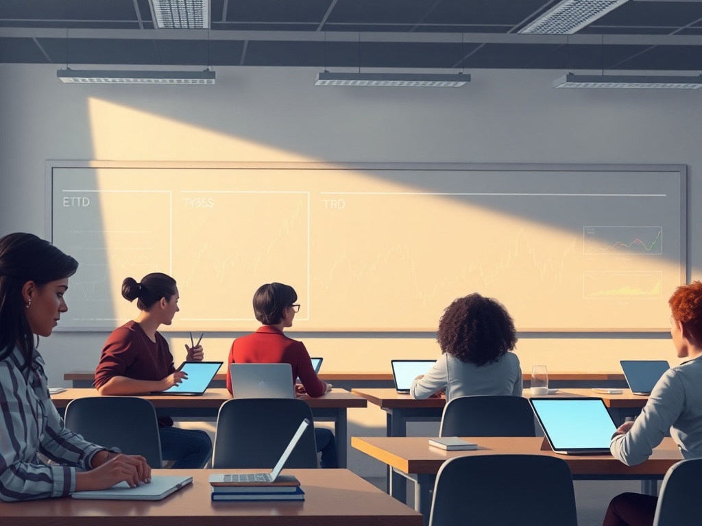 A serene classroom scene with a diverse group learning, digital tools glowing, calm colors, subtle ETF charts in the background, no logos.