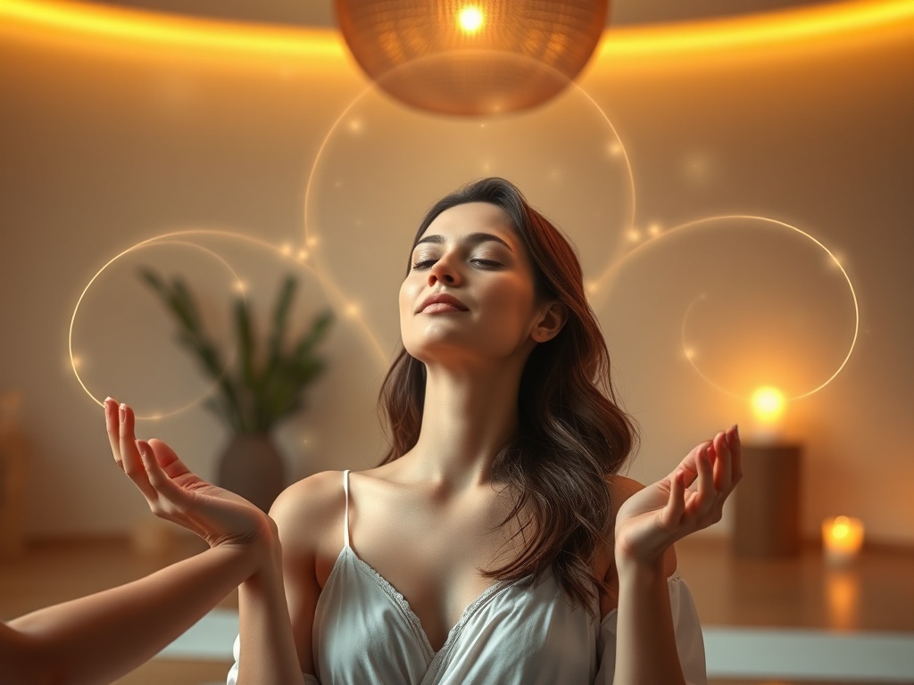 "A serene, softly lit scene of a woman in a tranquil studio, ethereal energy patterns curling around her, gentle hands guiding her to relax, warm tones, delicate aura, calm and healing atmosphere."