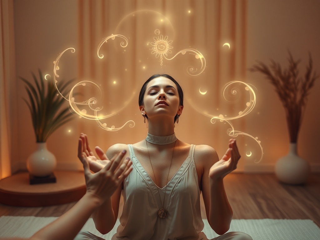 "A serene, softly lit scene of a woman in a tranquil studio, ethereal energy patterns curling around her, gentle hands guiding her to relax, warm tones, delicate aura, calm and healing atmosphere."