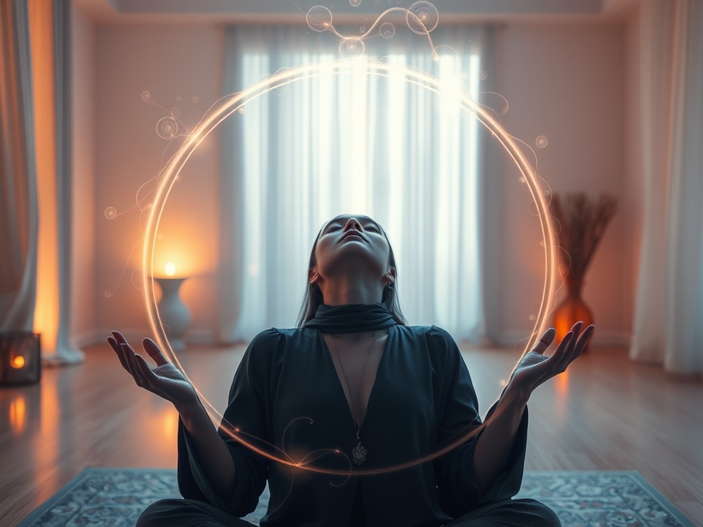 "A serene, softly lit scene of a woman in a tranquil studio, ethereal energy patterns curling around her, gentle hands guiding her to relax, warm tones, delicate aura, calm and healing atmosphere."