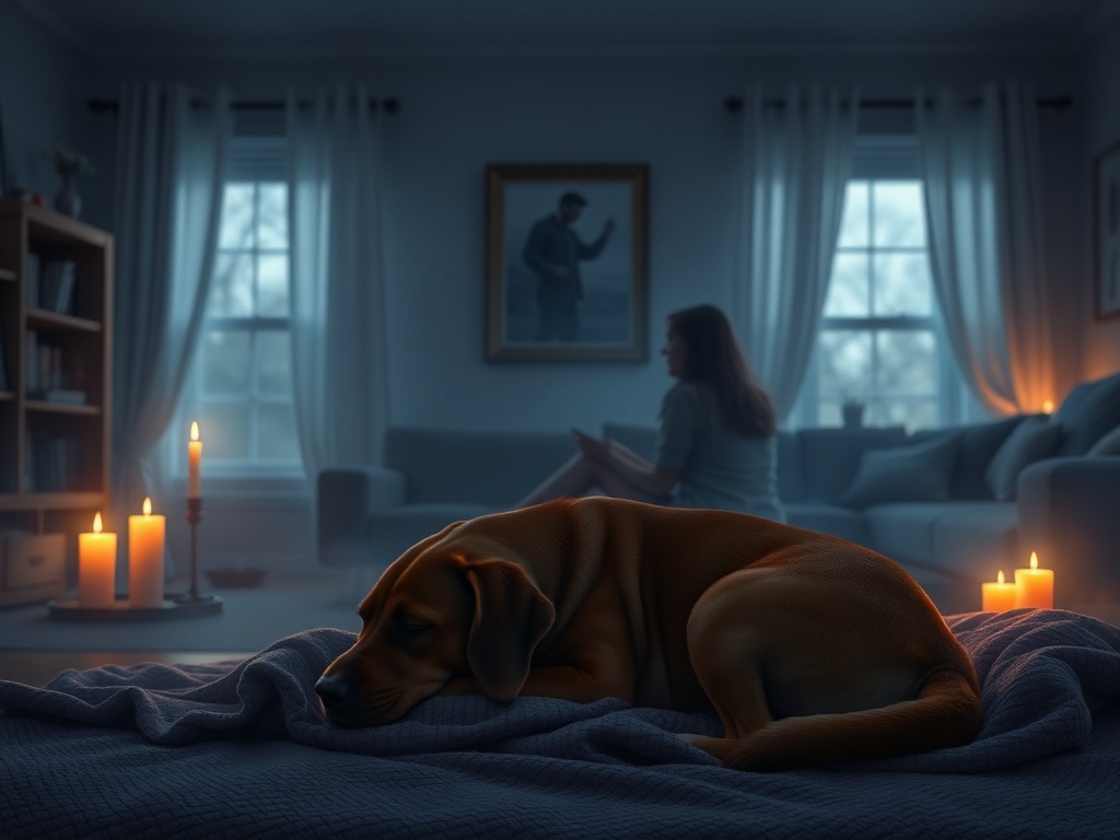 A quiet living room scene with soft candlelight, a sleeping dog silhouette on a blanket, family members in gentle grief, open hearts, warm colors, subtle breath-like mist.