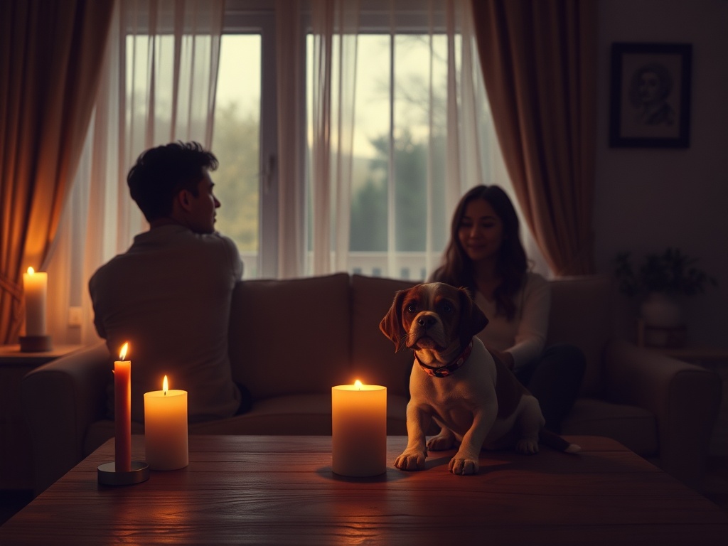 Carefully describe an image in great detail that needs to be generate, use quotes to split visual things. You MAY only use up to 25 words. "Soft candlelit living room scene; "family silhouettes" seated close with "dog memory collar" on wooden table; "gent