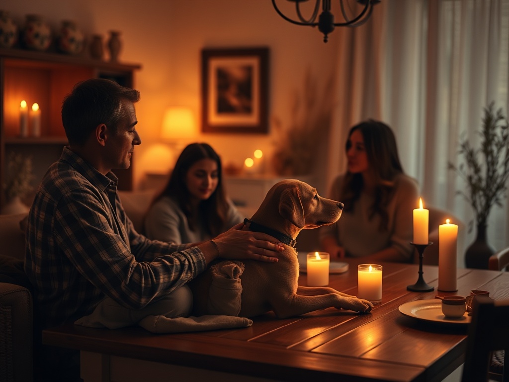 Carefully describe an image in great detail that needs to be generate, use quotes to split visual things. You MAY only use up to 25 words. "Soft candlelit living room scene; "family silhouettes" seated close with "dog memory collar" on wooden table; "gent