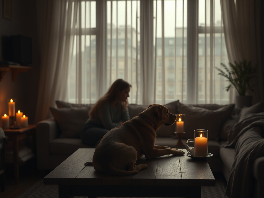 Carefully describe an image in great detail that needs to be generate, use quotes to split visual things. You MAY only use up to 25 words. "Soft candlelit living room scene; "family silhouettes" seated close with "dog memory collar" on wooden table; "gent