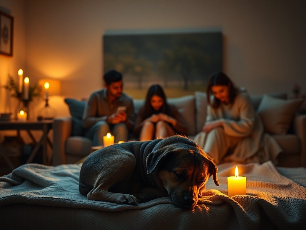 A quiet living room scene with soft candlelight, a sleeping dog silhouette on a blanket, family members in gentle grief, open hearts, warm colors, subtle breath-like mist.