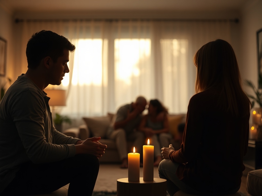 "gentle trainer" "living room after loss" "family silhouettes grieving" "soft candle-lit memorial" "hands holding" "warm, empathetic light" "quiet tears"