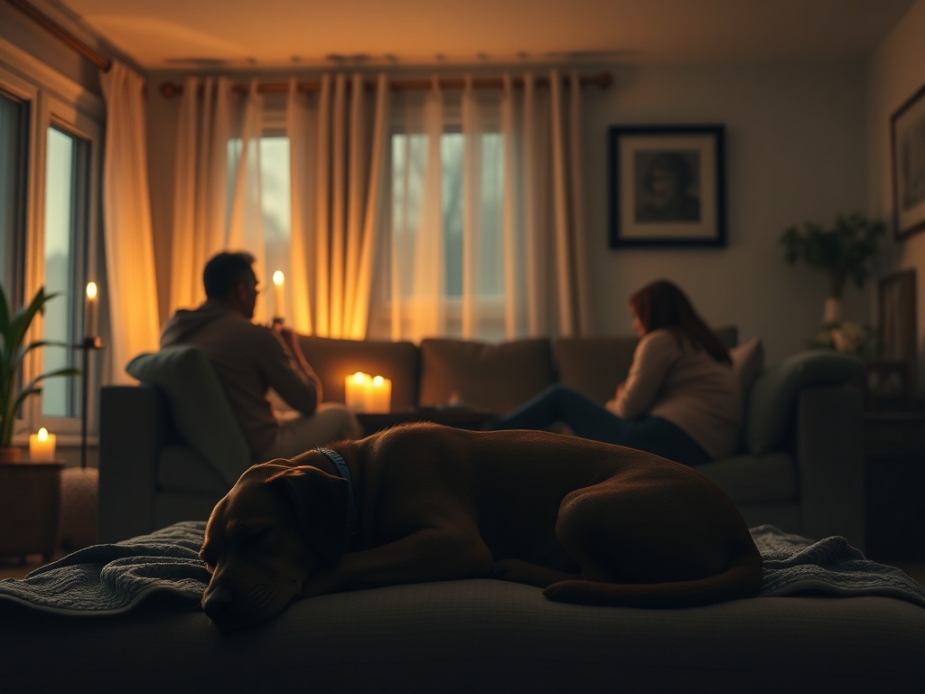 A quiet living room scene with soft candlelight, a sleeping dog silhouette on a blanket, family members in gentle grief, open hearts, warm colors, subtle breath-like mist.
