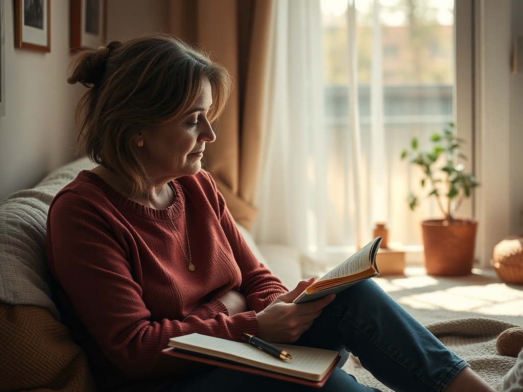 "A candid, intimate scene of a woman in quiet recovery, surrounded by soft light, a journal, a cozy home, and calming symbols of mindfulness and connection."