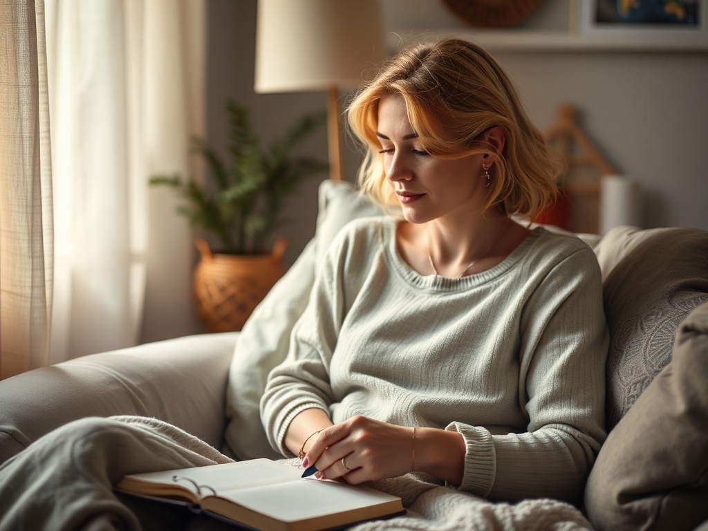 "A candid, intimate scene of a woman in quiet recovery, surrounded by soft light, a journal, a cozy home, and calming symbols of mindfulness and connection."