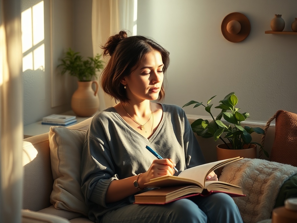 "A candid, intimate scene of a woman in quiet recovery, surrounded by soft light, a journal, a cozy home, and calming symbols of mindfulness and connection."