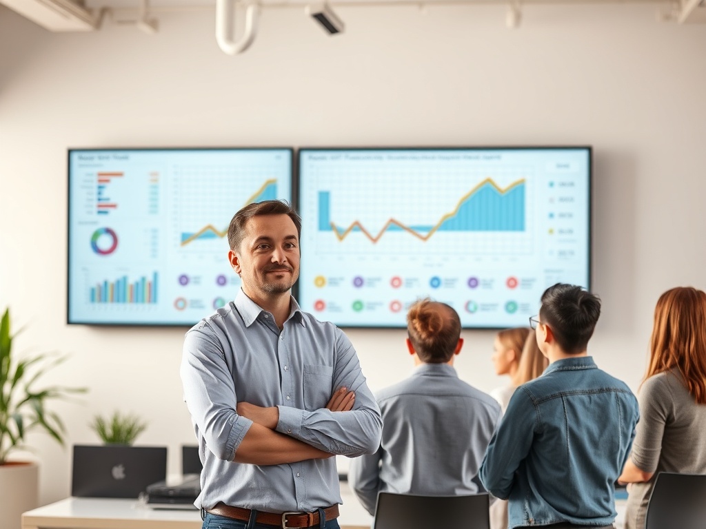 "A confident facility manager reviewing a multi-year budget map on a large wall screen, diverse team in modern office, warm daylight, crisp charts and icons."