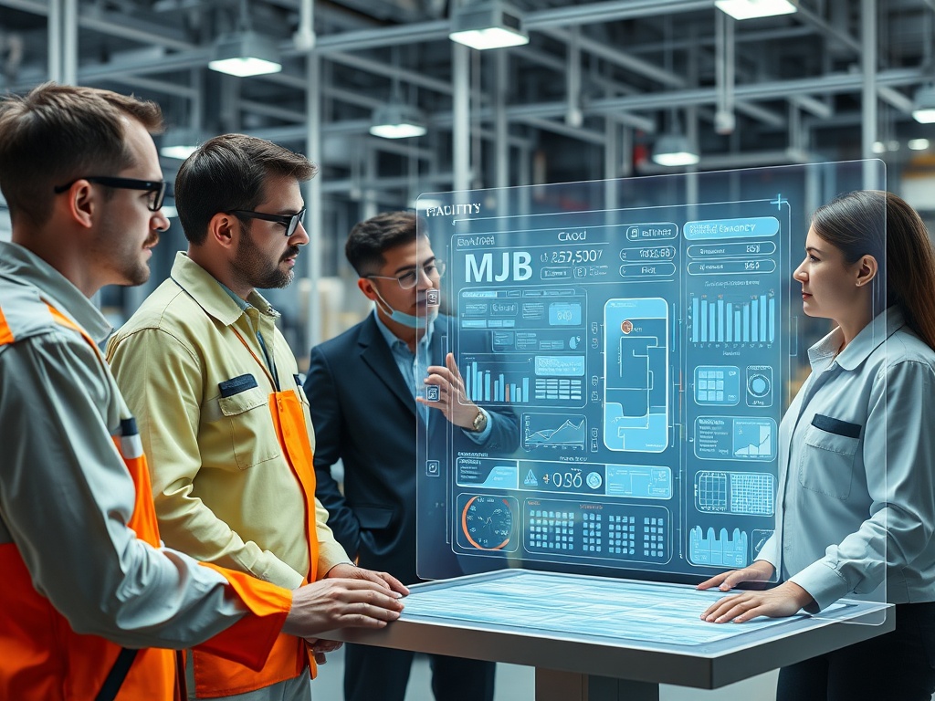 "Aided facility managers reviewing a futuristic, detailed MJB template on a holographic display, diverse professionals analyzing life expectancy, costs, and planning."