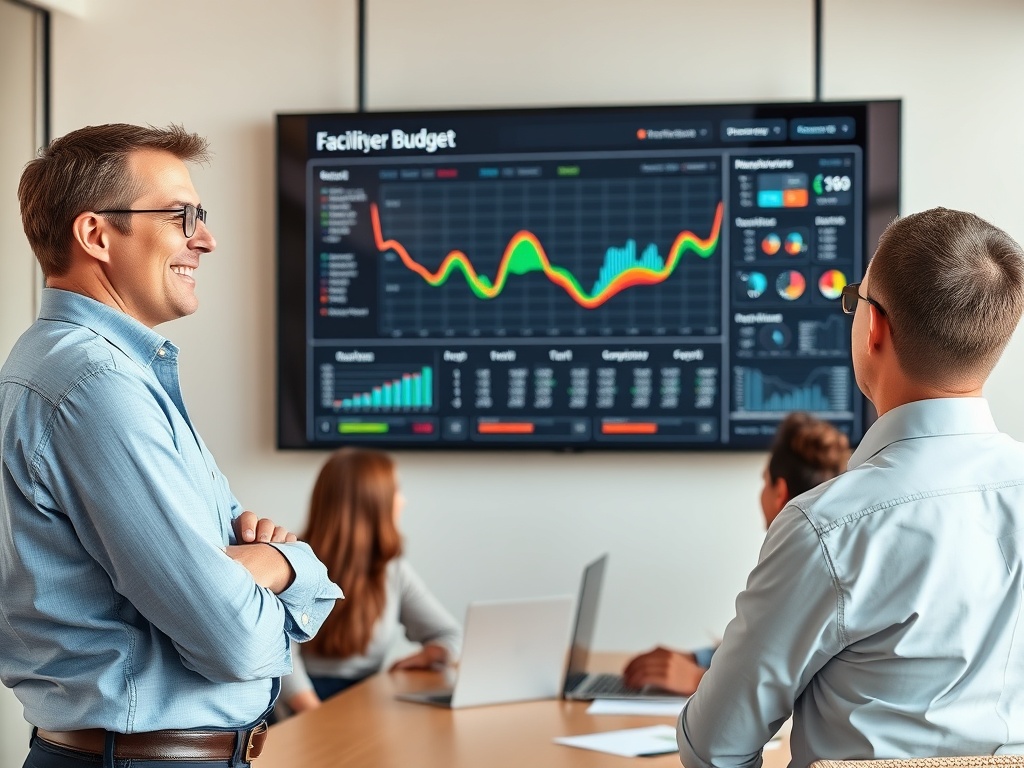 "A confident facility manager reviewing a multi-year budget map on a large wall screen, diverse team in modern office, warm daylight, crisp charts and icons."