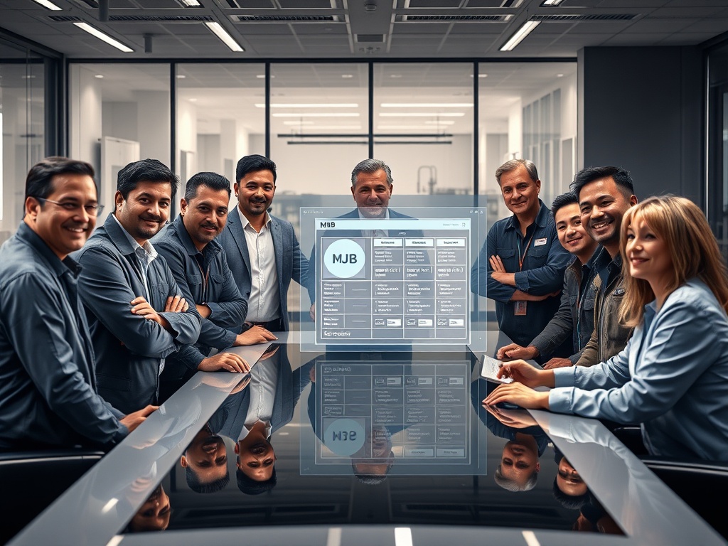 "A diverse group of facility managers and technicians around a sleek table, reviewing a glowing MJB template on a holographic screen, confident, collaborative ambiance, modern office."