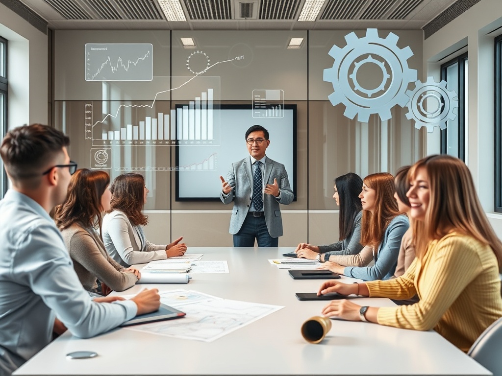 "A confident facilitator guides a diverse group through a modern, bright training room; holographic financial charts float around, blueprints and gears symbolize long-term planning."