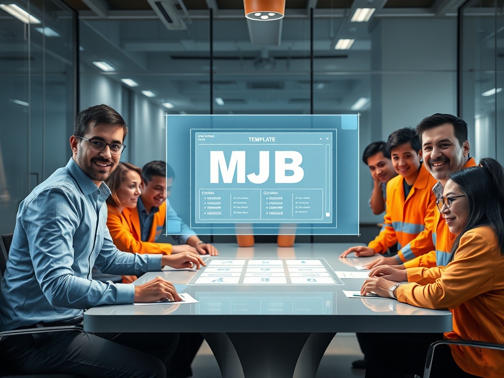 "A diverse group of facility managers and technicians around a sleek table, reviewing a glowing MJB template on a holographic screen, confident, collaborative ambiance, modern office."