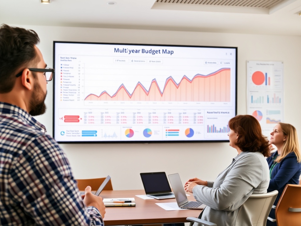 "A confident facility manager reviewing a multi-year budget map on a large wall screen, diverse team in modern office, warm daylight, crisp charts and icons."