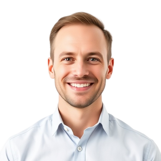 A person smiling to the camera with a white background looking like