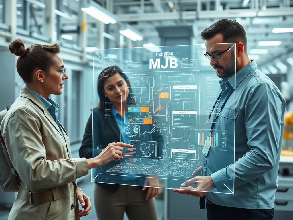 "Aided facility managers reviewing a futuristic, detailed MJB template on a holographic display, diverse professionals analyzing life expectancy, costs, and planning."